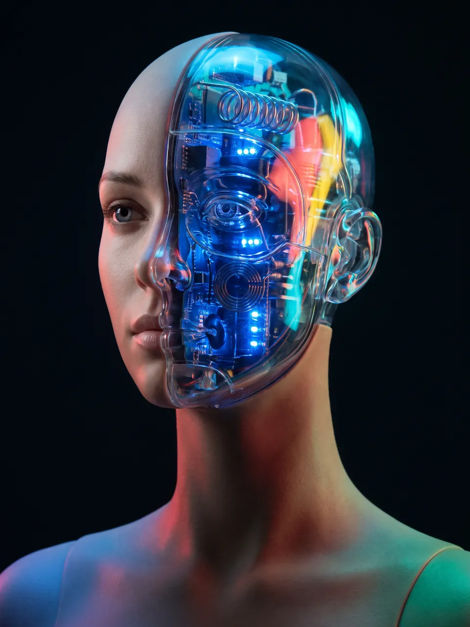 Echo, a humanoid android with a glass face revealing glowing circuitry