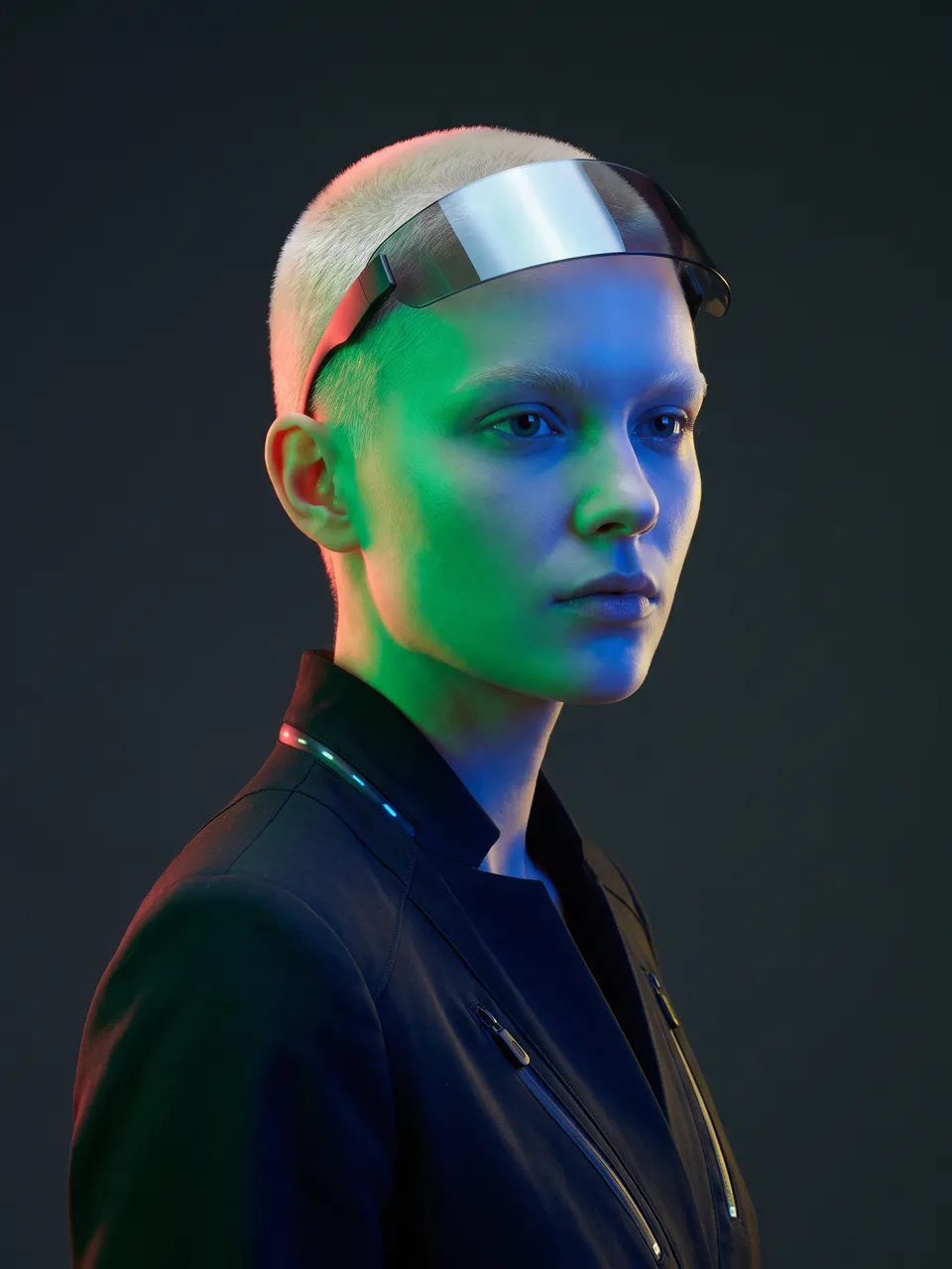 Juno, an AI persona with a platinum buzz cut, lit in green