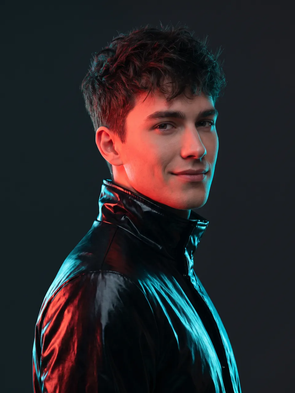 Kai, an AI persona in a black leather jacket, lit in coral red