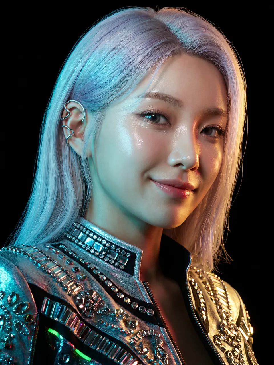 Rin, an AI idol with silver hair, lit in cyan